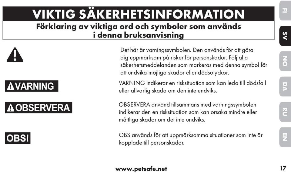 Följ alla säkerhetsmeddelanden som markeras med denna symbol för att undvika möjliga skador eller dödsolyckor.