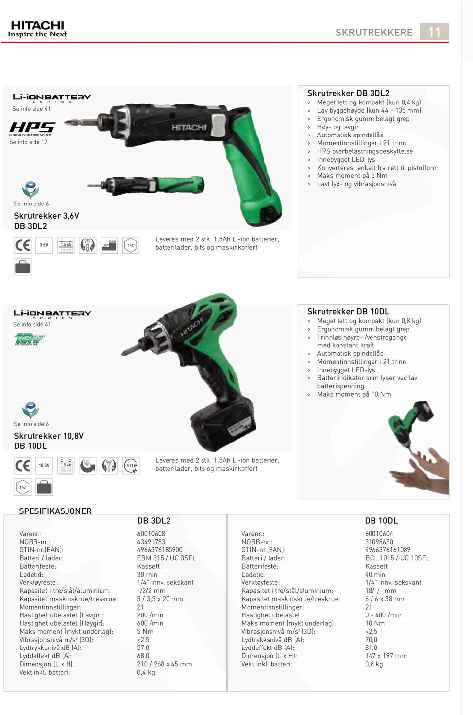 info side 6 Skrutrekker 3,6V DB 3DL2 3.6V 1.5 Ah (30 min) L R HIGH LOW 1/4 Leveres med 2 stk.