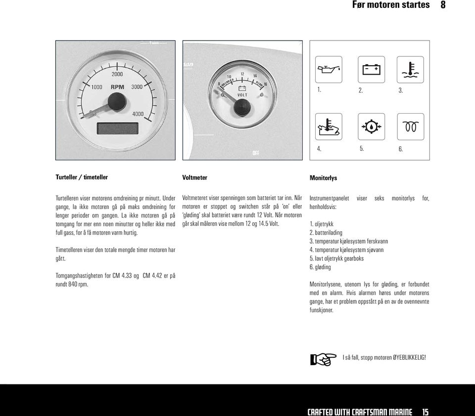 Timetelleren viser den totale mengde timer motoren har gått. Tomgangshastigheten for CM 4.33 og CM 4.42 er på rundt 840 rpm. Voltmeteret viser spenningen som batteriet tar inn.