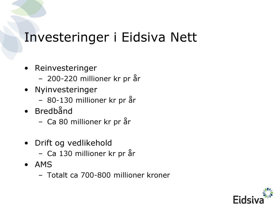 år Bredbånd Ca 80 millioner kr pr år Drift og vedlikehold