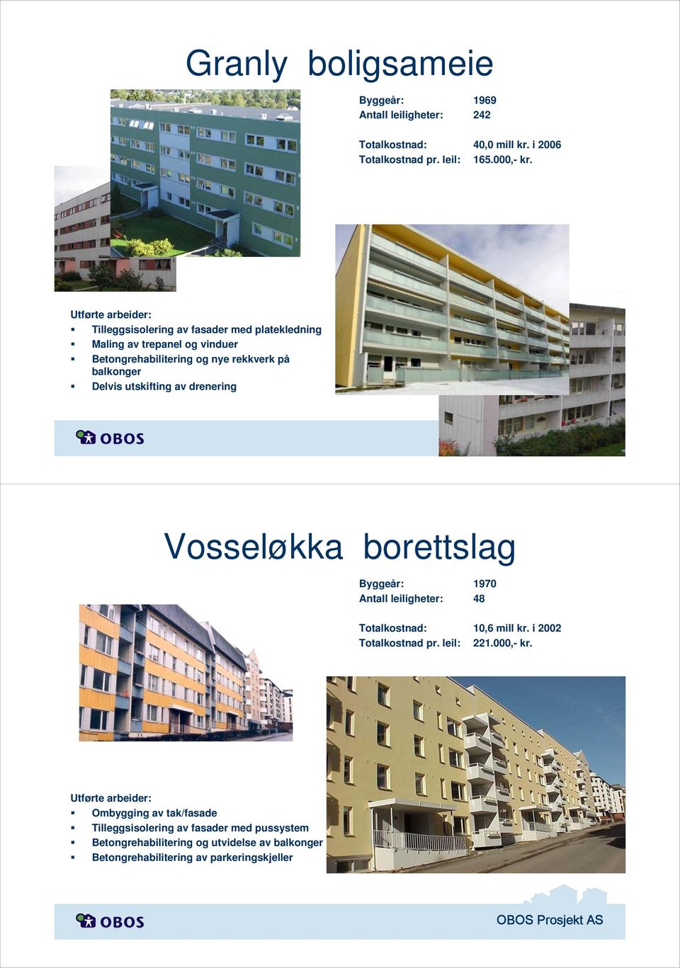 utskifting av drenering Vosseløkka borettslag Byggeår: 1970 Antall leiligheter: 48 Totalkostnad: 10,6 mill kr. i 2002 Totalkostnad pr.