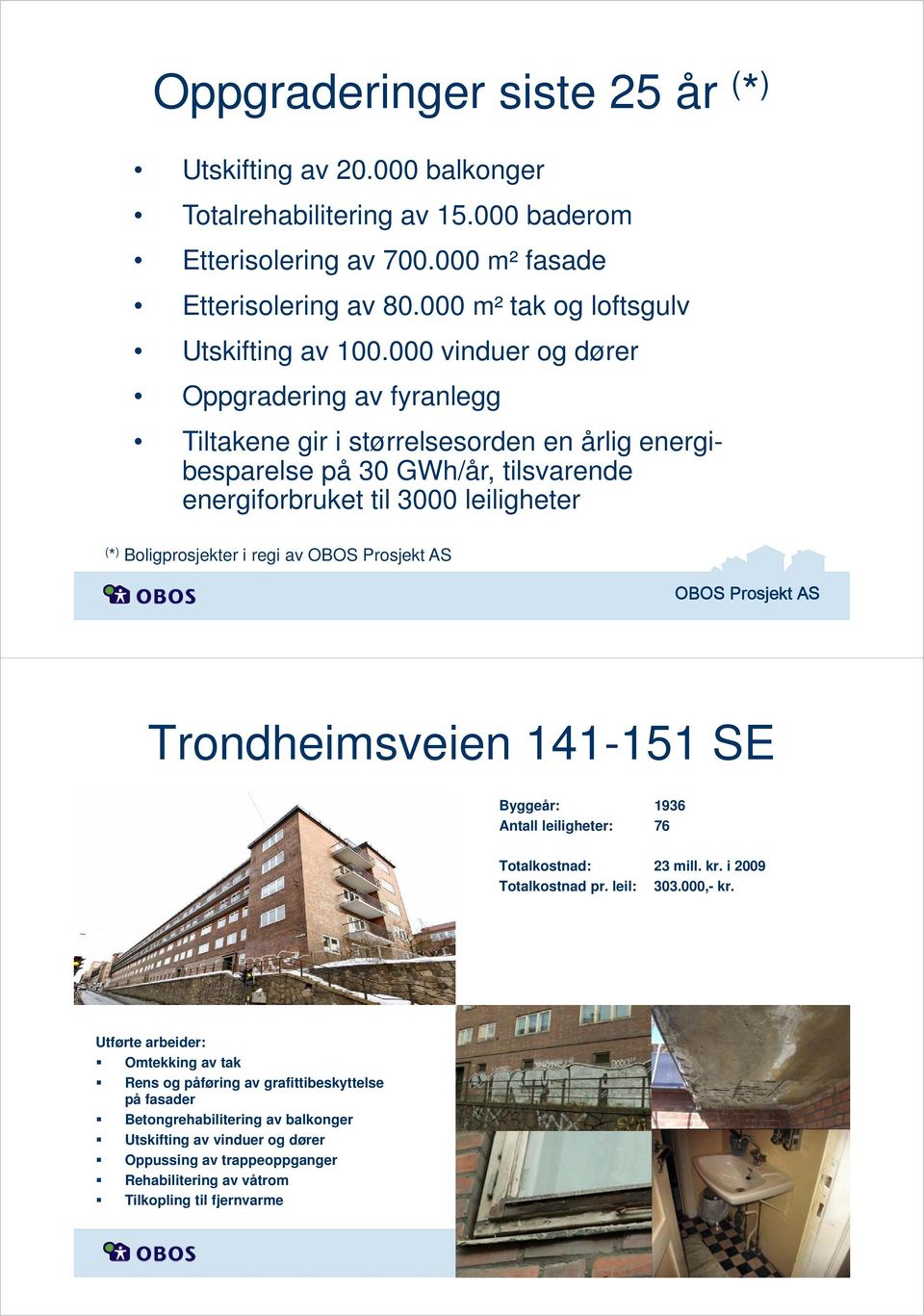 000 vinduer og dører Oppgradering av fyranlegg Tiltakene gir i størrelsesorden en årlig energibesparelse på 30 GWh/år, tilsvarende energiforbruket til 3000 leiligheter ( * )