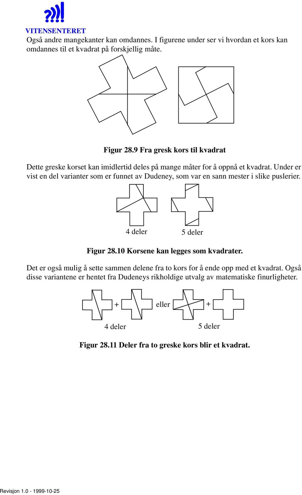 Under er vist en del varianter som er funnet av Dudeney, som var en sann mester i slike puslerier. 4 deler 5 deler Figur 28.10 Korsene kan legges som kvadrater.