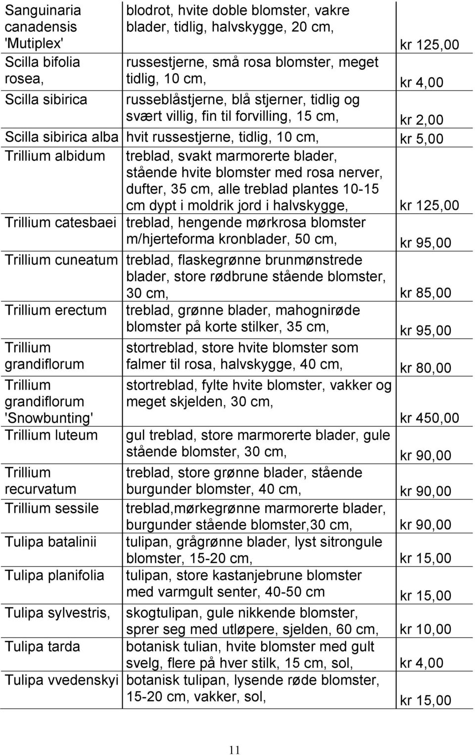 treblad, svakt marmorerte blader, stående hvite blomster med rosa nerver, dufter, 35 cm, alle treblad plantes 10-15 cm dypt i moldrik jord i halvskygge, kr 125,00 Trillium catesbaei treblad, hengende