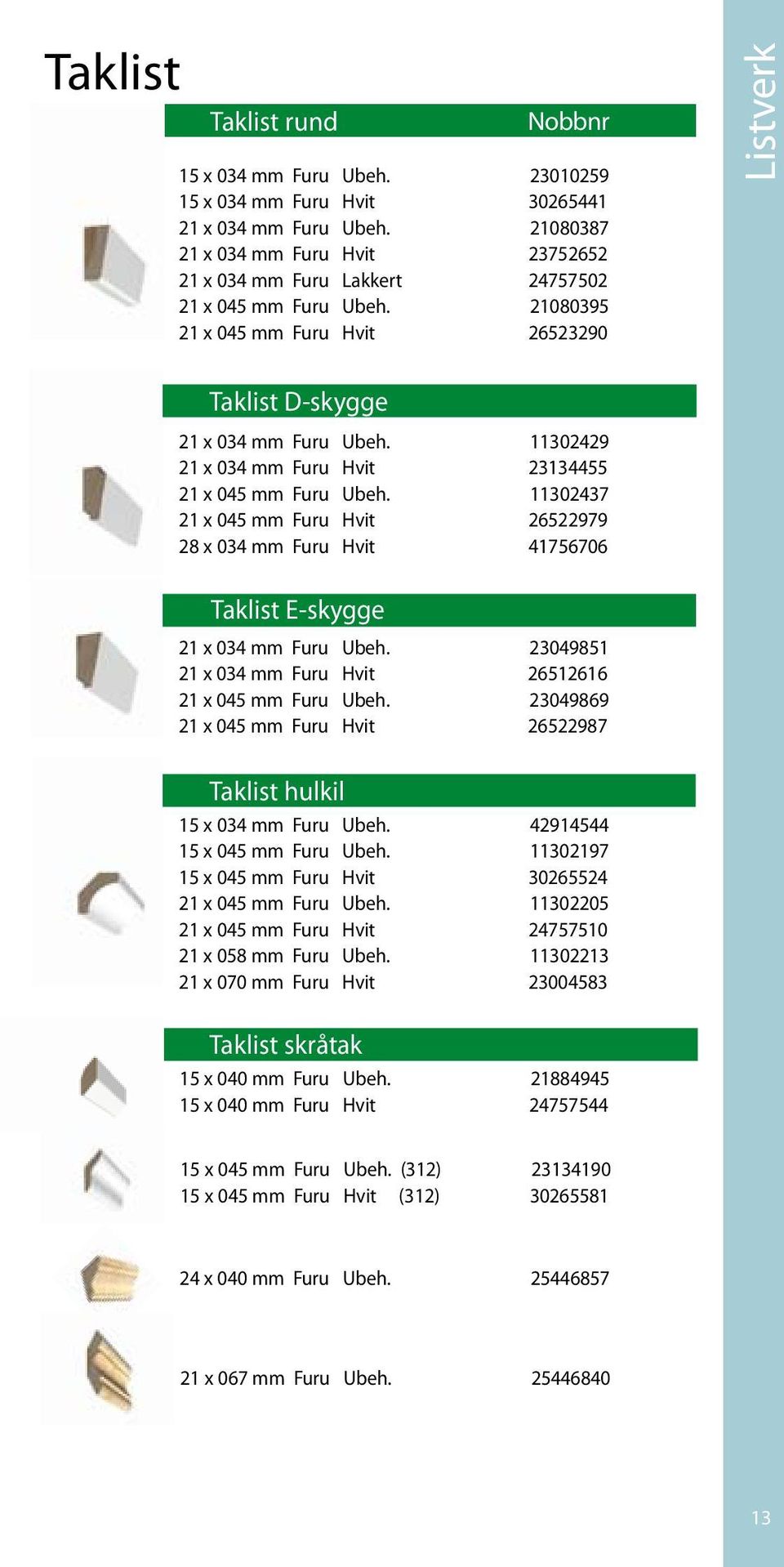 11302429 21 x 034 mm Furu Hvit 23134455 21 x 045 mm Furu Ubeh. 11302437 21 x 045 mm Furu Hvit 26522979 28 x 034 mm Furu Hvit 41756706 Taklist E-skygge 21 x 034 mm Furu Ubeh.