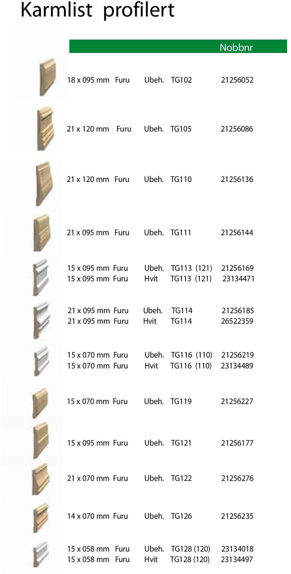 TG114 21256185 21 x 095 mm Furu Hvit TG114 26522359 15 x 070 mm Furu Ubeh. TG116 (110) 21256219 15 x 070 mm Furu Hvit TG116 (110) 23134489 15 x 070 mm Furu Ubeh.