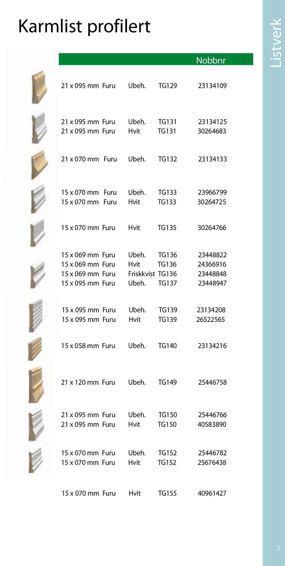 TG136 23448822 15 x 069 mm Furu Hvit TG136 24366916 15 x 069 mm Furu Friskkvist TG136 23448848 15 x 095 mm Furu Ubeh. TG137 23448947 15 x 095 mm Furu Ubeh.