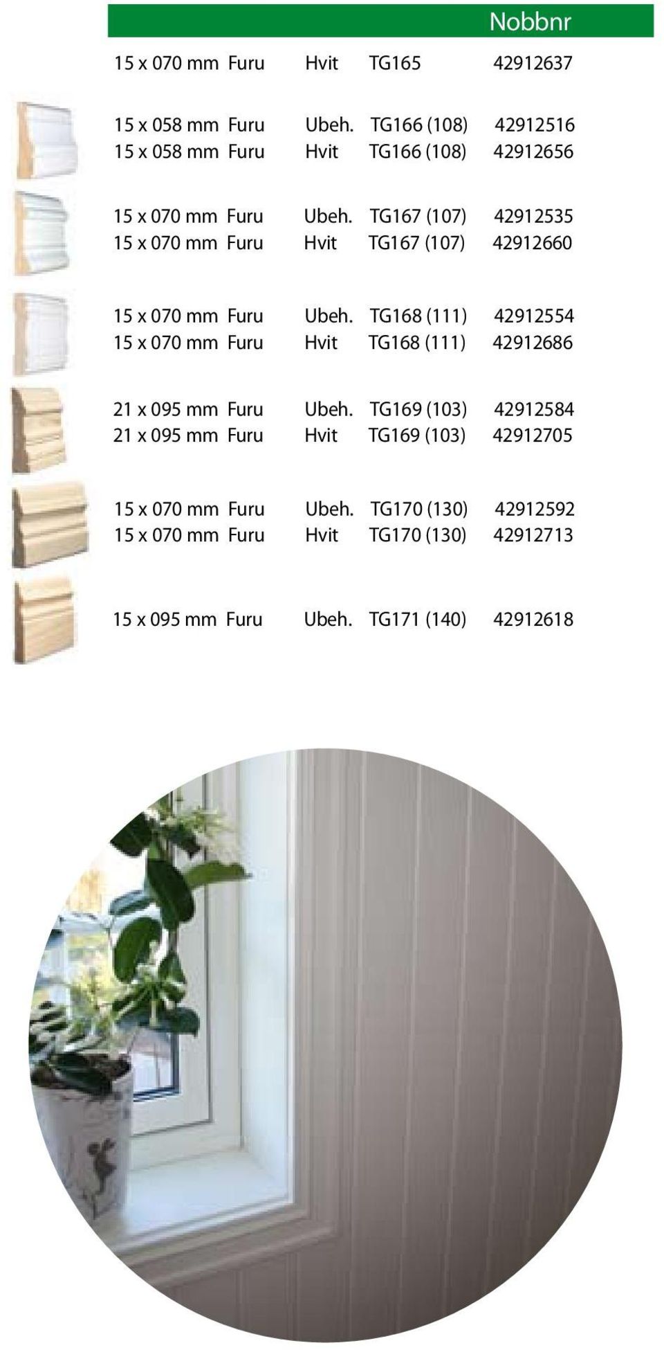 TG167 (107) 42912535 15 x 070 mm Furu Hvit TG167 (107) 42912660 15 x 070 mm Furu Ubeh.