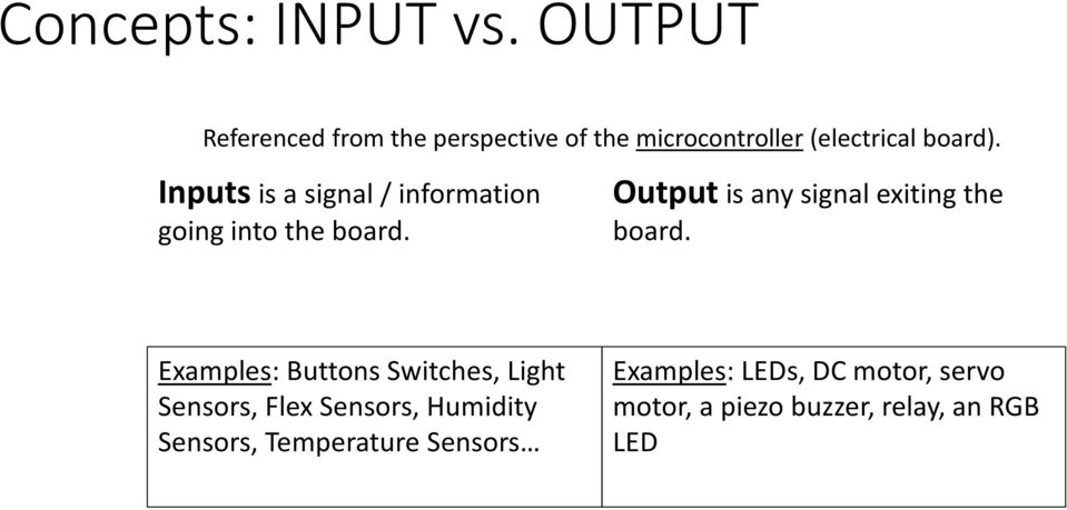 Inputs is a signal / information going into the board.