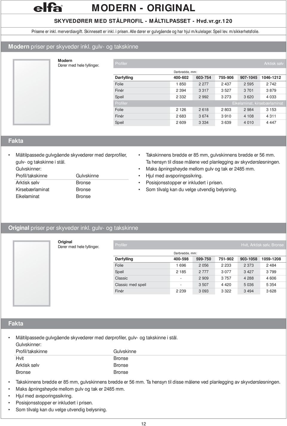 Profiler Arktisk sølv Dørbredde, mm: Dørfylling 400-602 603-754 755-906 907-1045 1046-1212 Folie 1 850 2 277 2 437 2 595 2 742 Finér 2 394 3 317 3 527 3 701 3 879 Speil 2 332 2 992 3 273 3 620 4 033