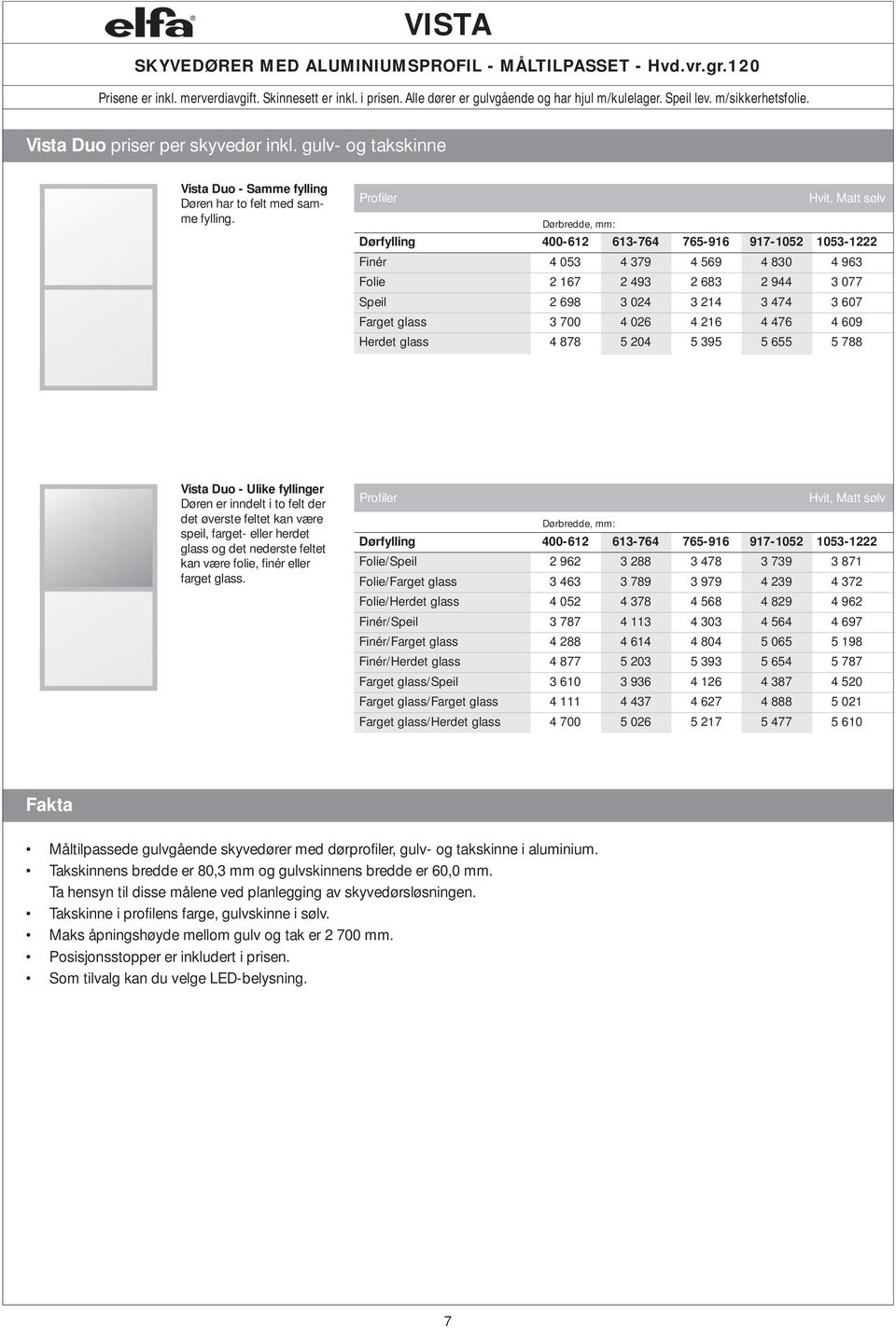 Profiler Hvit, Matt sølv Dørbredde, mm: Dørfylling 400-612 613-764 765-916 917-1052 1053-1222 Finér 4 053 4 379 4 569 4 830 4 963 Folie 2 167 2 493 2 683 2 944 3 077 Speil 2 698 3 024 3 214 3 474 3