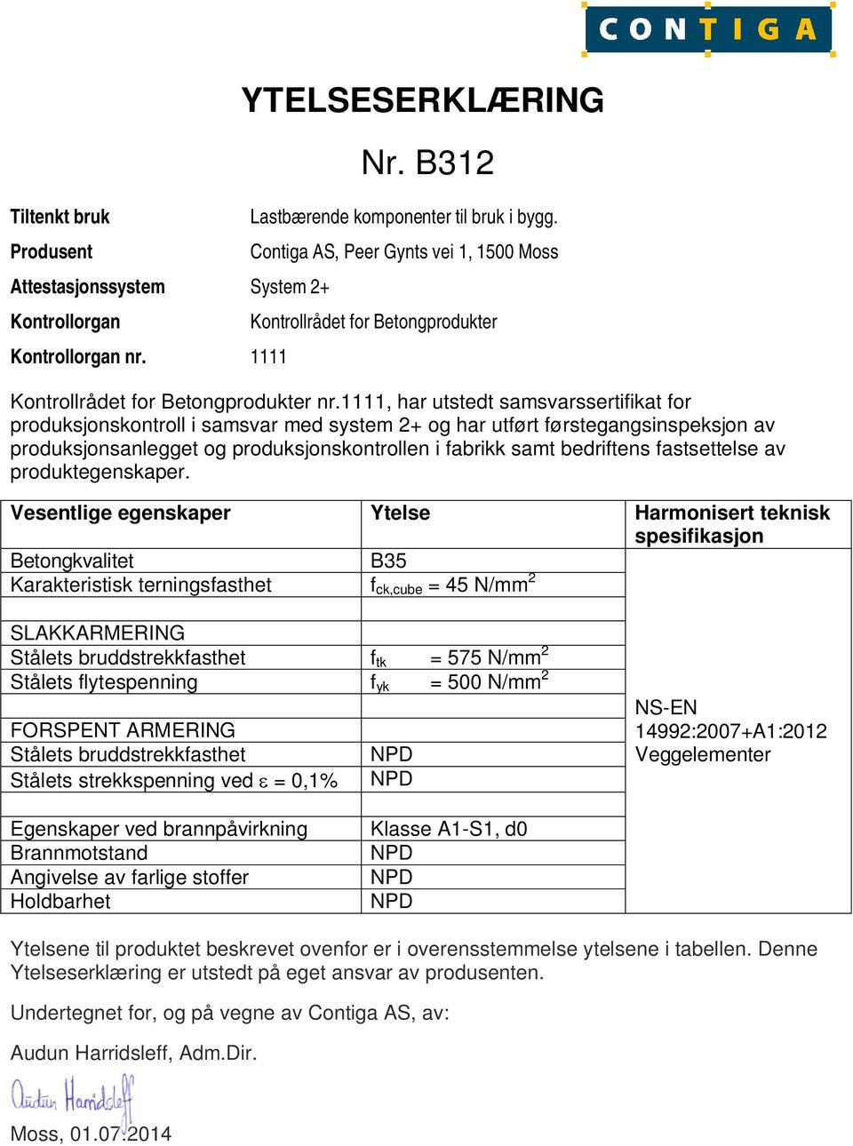 Karakteristisk terningsfasthet f ck,cube = 45