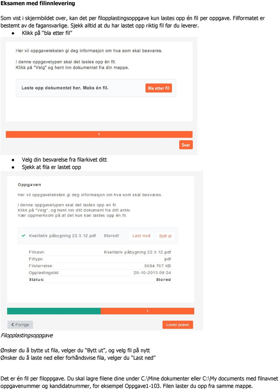 Klikk på bla etter fil Velg din besvarelse fra filarkivet ditt Sjekk at fila er lastet opp Filopplastingsoppgave Ønsker du å bytte ut fila, velger du Bytt ut, og velg fil