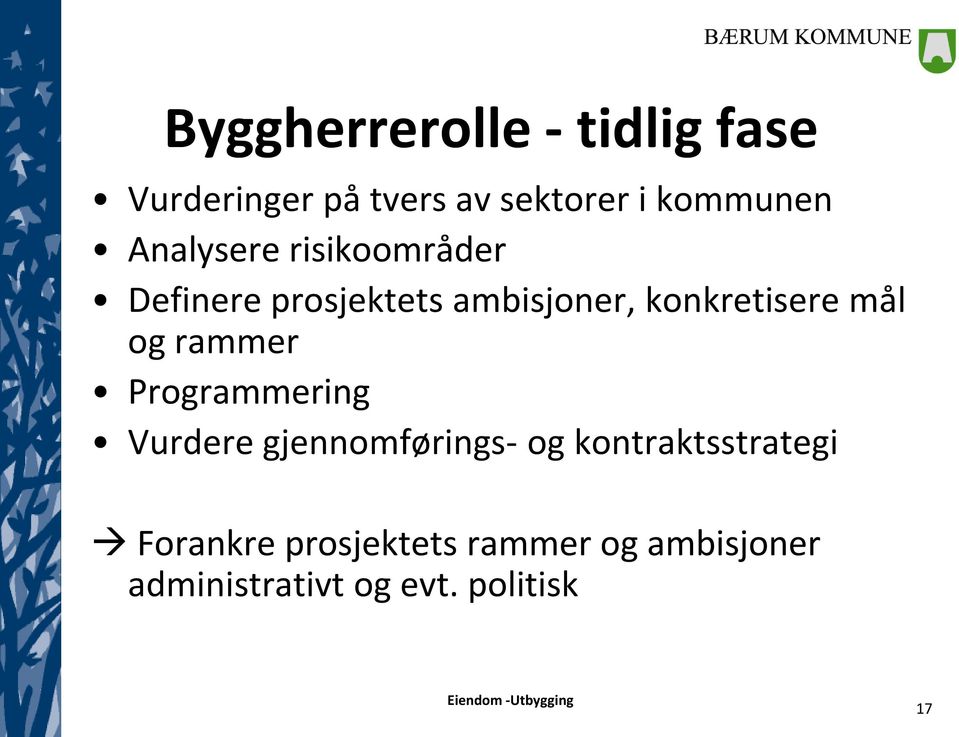 mål og rammer Programmering Vurdere gjennomførings- og kontraktsstrategi