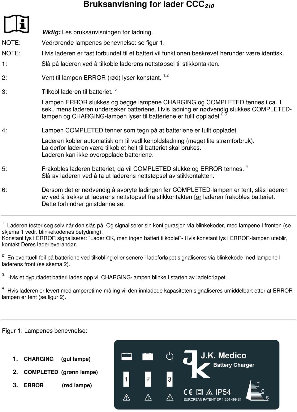 2: Vent til lampen ERROR (rød) lyser konstant. 1,2 3: Tilkobl laderen til batteriet. 5 Lampen ERROR slukkes og begge lampene CHARGING og COMPLETED tennes i ca. 1 sek.