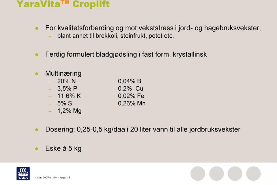 Ferdig formulert bladgjødsling i fast form, krystallinsk Multinæring 20% N 0,04% B 3,5% P 0,2%