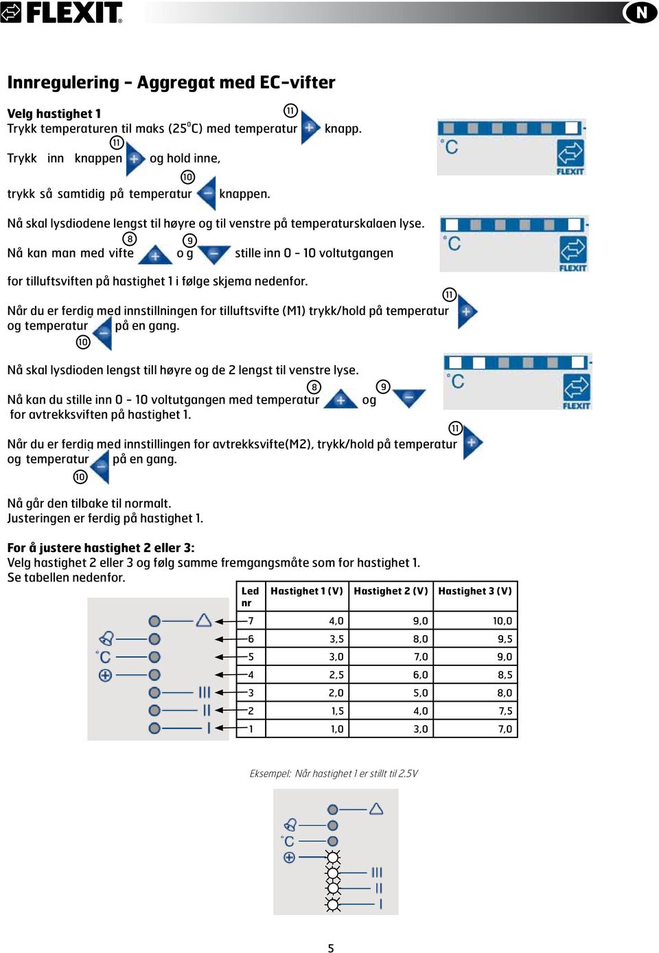 Når du er ferdig med innstillningen for tilluftsvifte (M1) trykk/hold på temperatur og temperatur på en gang. Nå skal lysdioden lengst till høyre og de lengst til venstre lyse.