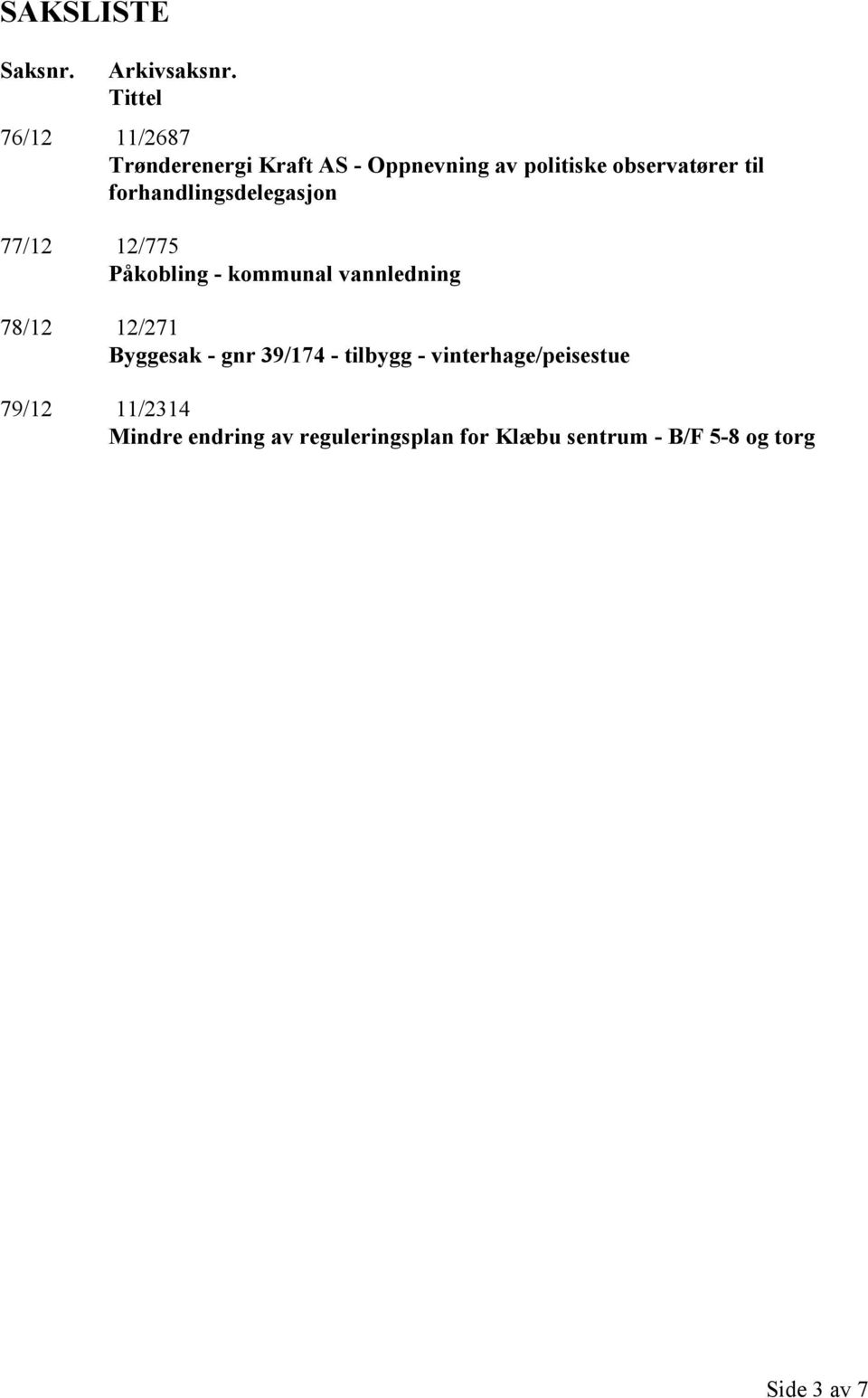 forhandlingsdelegasjon 77/12 12/775 Påkobling - kommunal vannledning 78/12 12/271