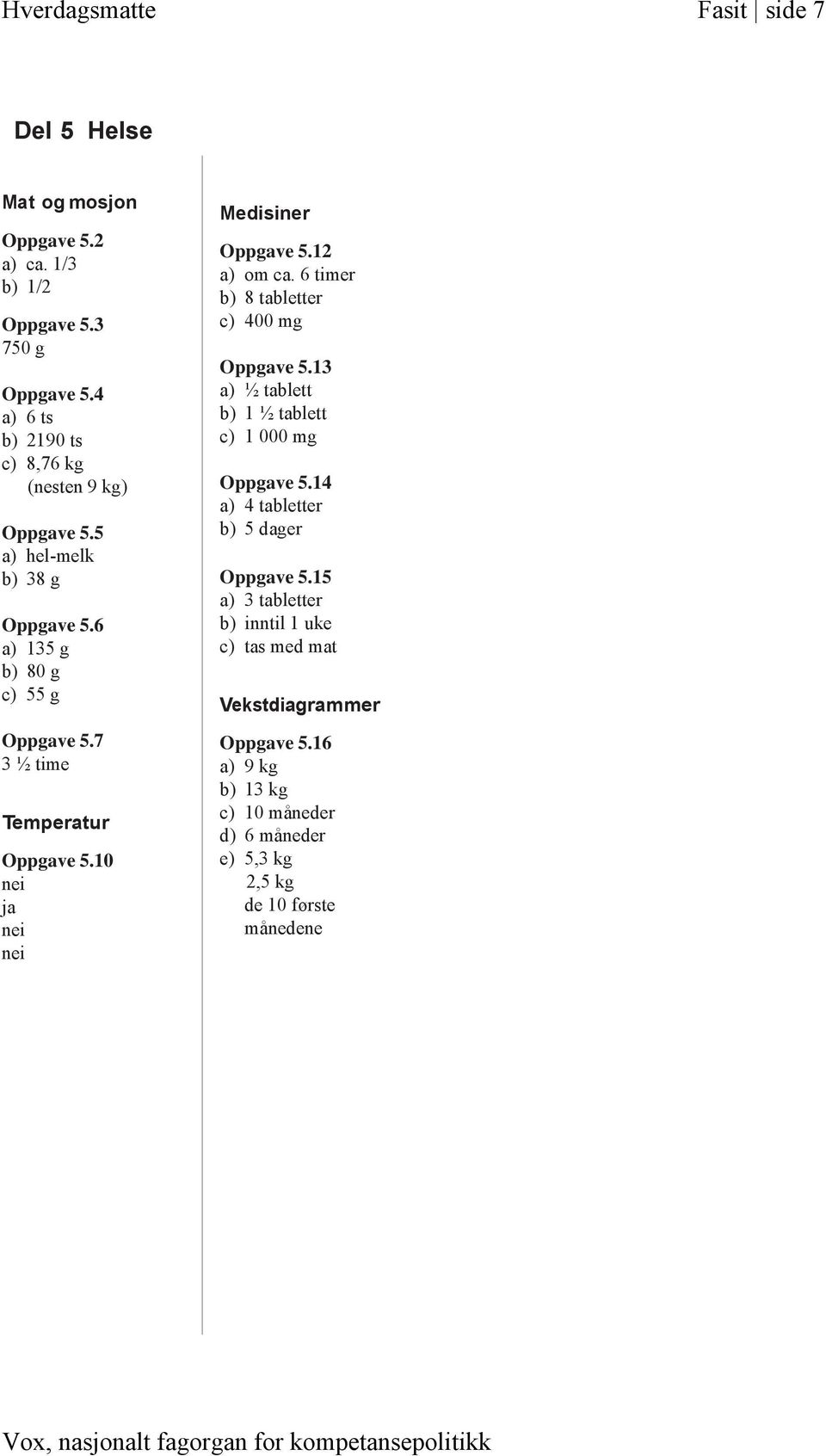 7 3 ½ time Temperatur Oppgave 5.10 Medisiner Oppgave 5.12 a) om ca. 6 timer b) 8 tabletter c) 400 mg Oppgave 5.