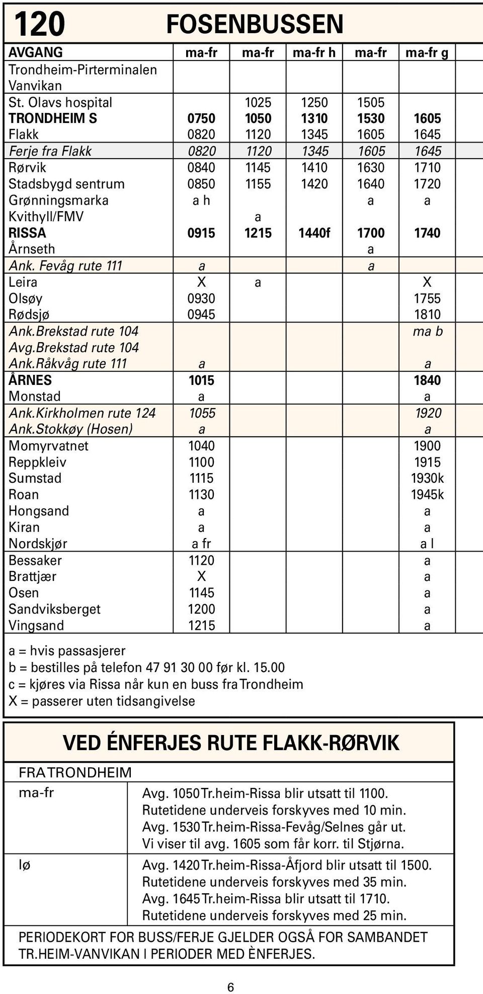 1640 1720 Grønningsmrk h Kvithyll/FMV RISSA 0915 1215 1440f 1700 1740 Årnseth Ank. Fevåg rute 111 Leir X X Olsøy 0930 1755 Rødsjø 0945 1810 Ank.Brekstd rute 104 m b Avg.Brekstd rute 104 Ank.