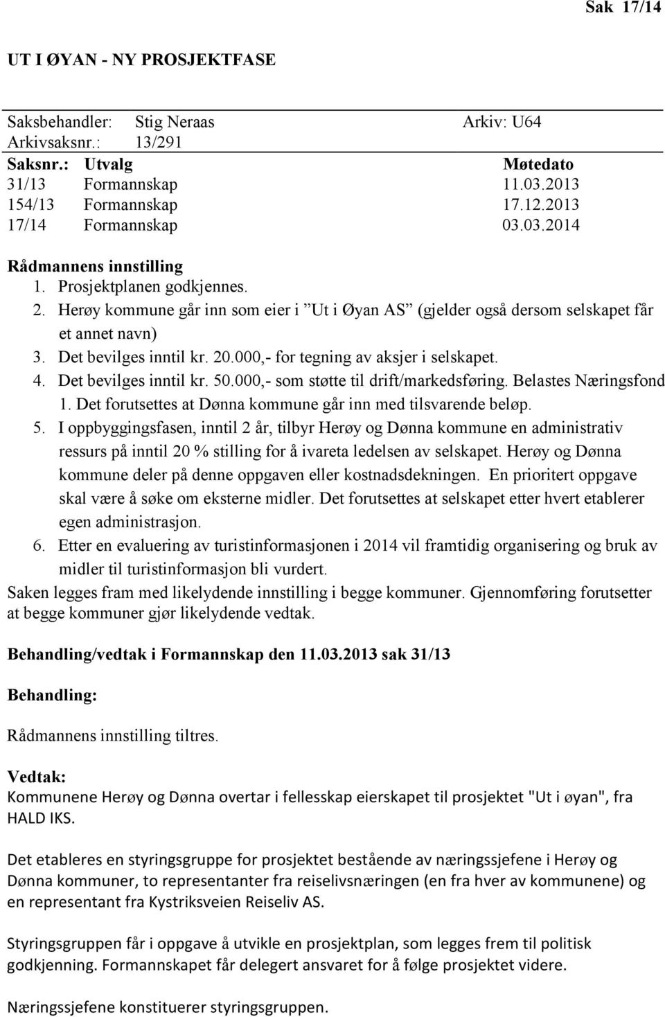 Det bevilges inntil kr. 20.000,- for tegning av aksjer i selskapet. 4. Det bevilges inntil kr. 50.000,- som støtte til drift/markedsføring. Belastes Næringsfond 1.