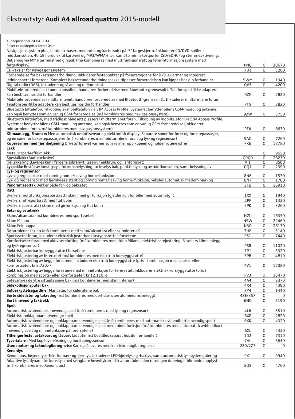 Betjening via MMI-terminal ved girspak (må kombineres med multifunksjonsratt og førerinformasjonssystem med fargedisplay) PNQ O 30670 CD-veksler for navigasjonssystem 7D1 O 5260 Forberedelse for