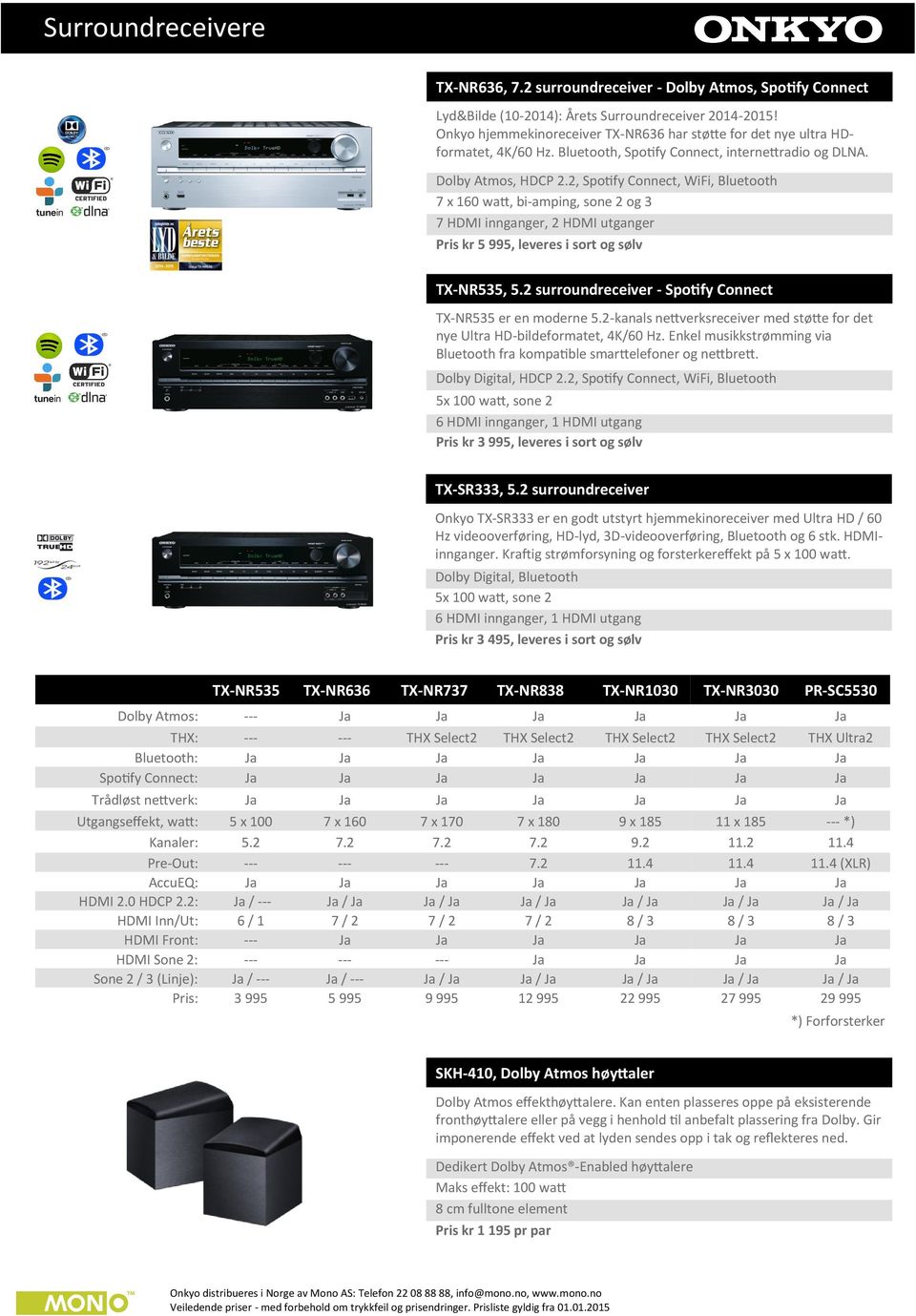 2, Spotify Connect, WiFi, Bluetooth 7 x 160 watt, bi-amping, sone 2 og 3 7 HDMI innganger, 2 HDMI utganger Pris kr 5 995, leveres i sort og sølv TX-NR535, 5.