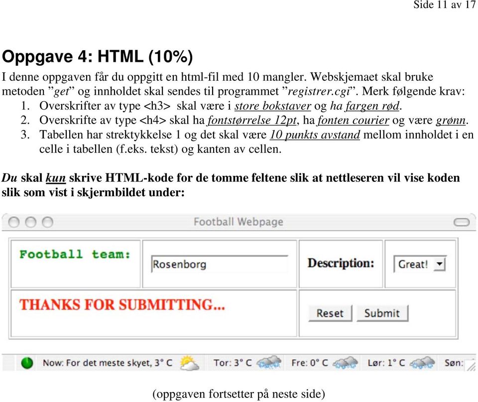 Overskrifter av type <h3> skal være i store bokstaver og ha fargen rød. 2. Overskrifte av type <h4> skal ha fontstørrelse 12pt, ha fonten courier og være grønn. 3.
