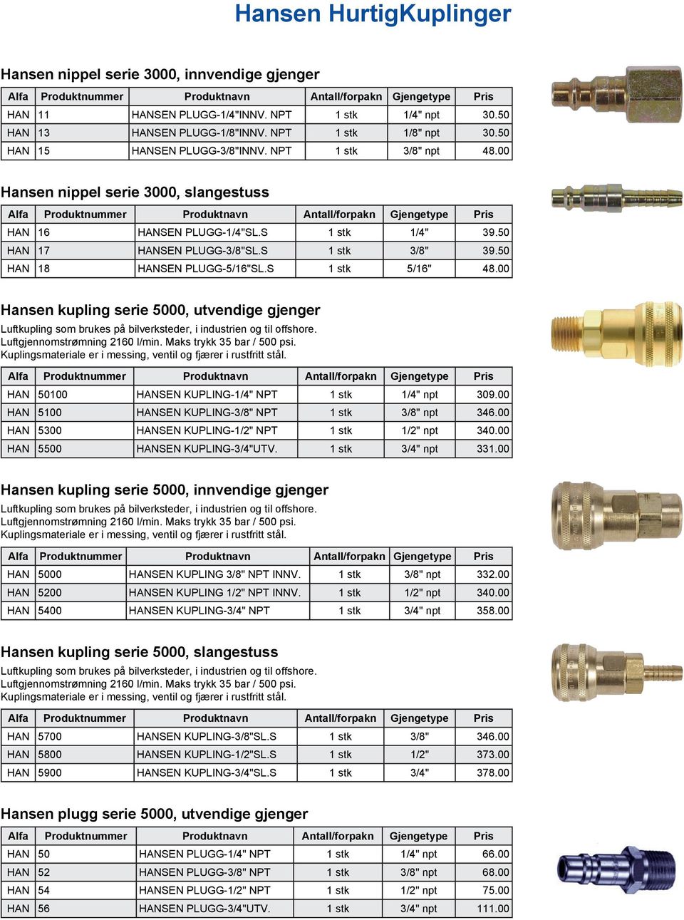 00 Hansen kupling serie 5000, utvendige gjenger Luftgjennomstrømning 2160 l/min. Maks trykk 35 bar / 500 psi. HAN 50100 HANSEN KUPLING-1/4" NPT 1 stk 1/4" npt 309.