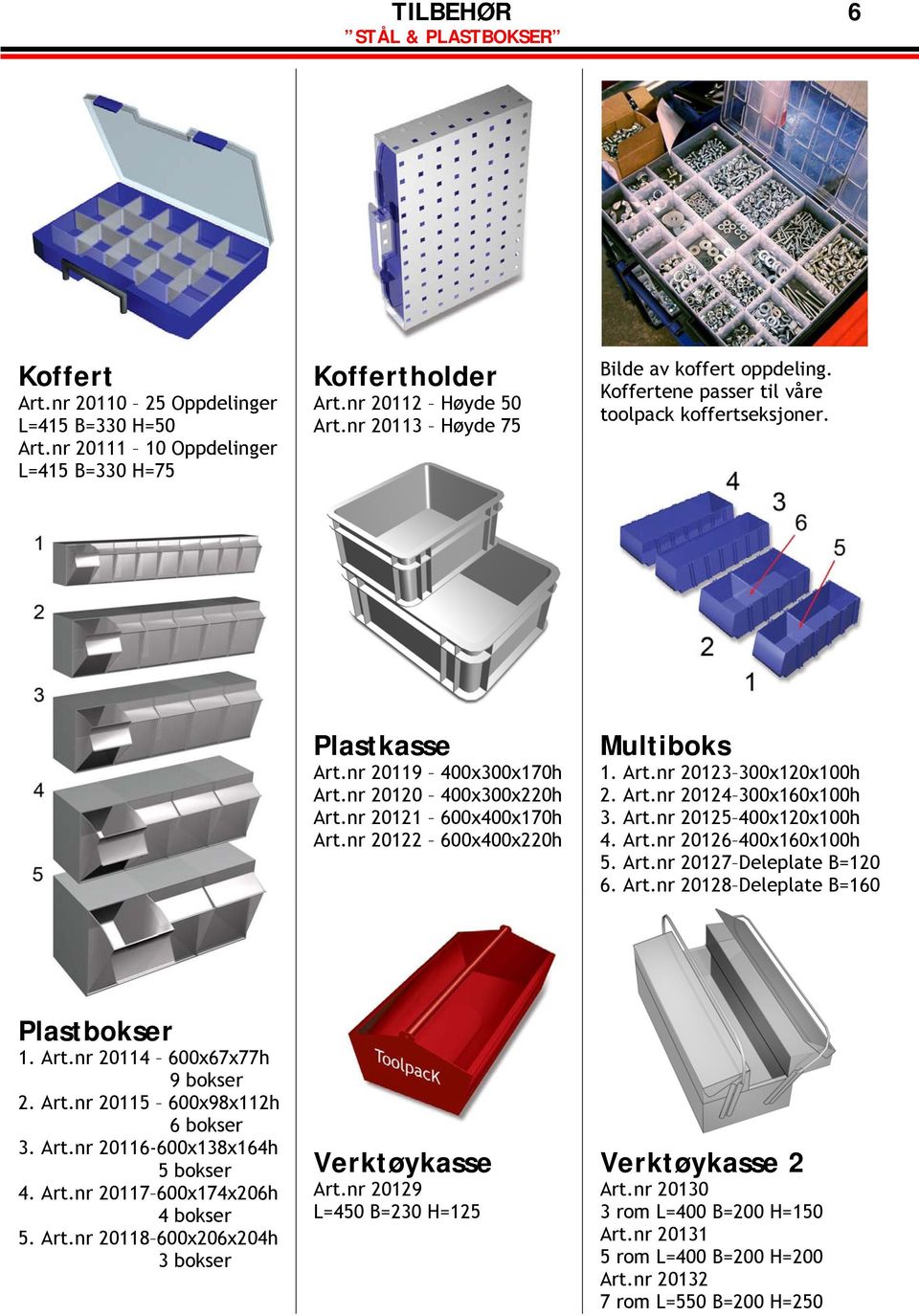 nr 20122 600x400x220h Multiboks 1. Art.nr 20123 300x120x100h 2. Art.nr 20124 300x160x100h 3. Art.nr 20125 400x120x100h 4. Art.nr 20126 400x160x100h 5. Art.nr 20127 Deleplate B=120 6. Art.nr 20128 Deleplate B=160 Plastbokser 1.