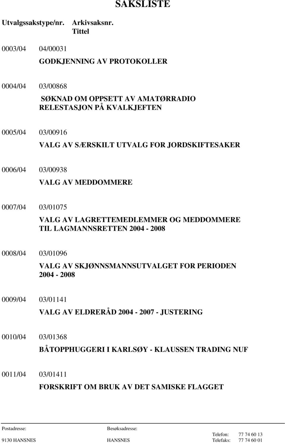 AV SÆRSKILT UTVALG FOR JORDSKIFTESAKER 0006/04 03/00938 VALG AV MEDDOMMERE 0007/04 03/01075 VALG AV LAGRETTEMEDLEMMER OG MEDDOMMERE TIL