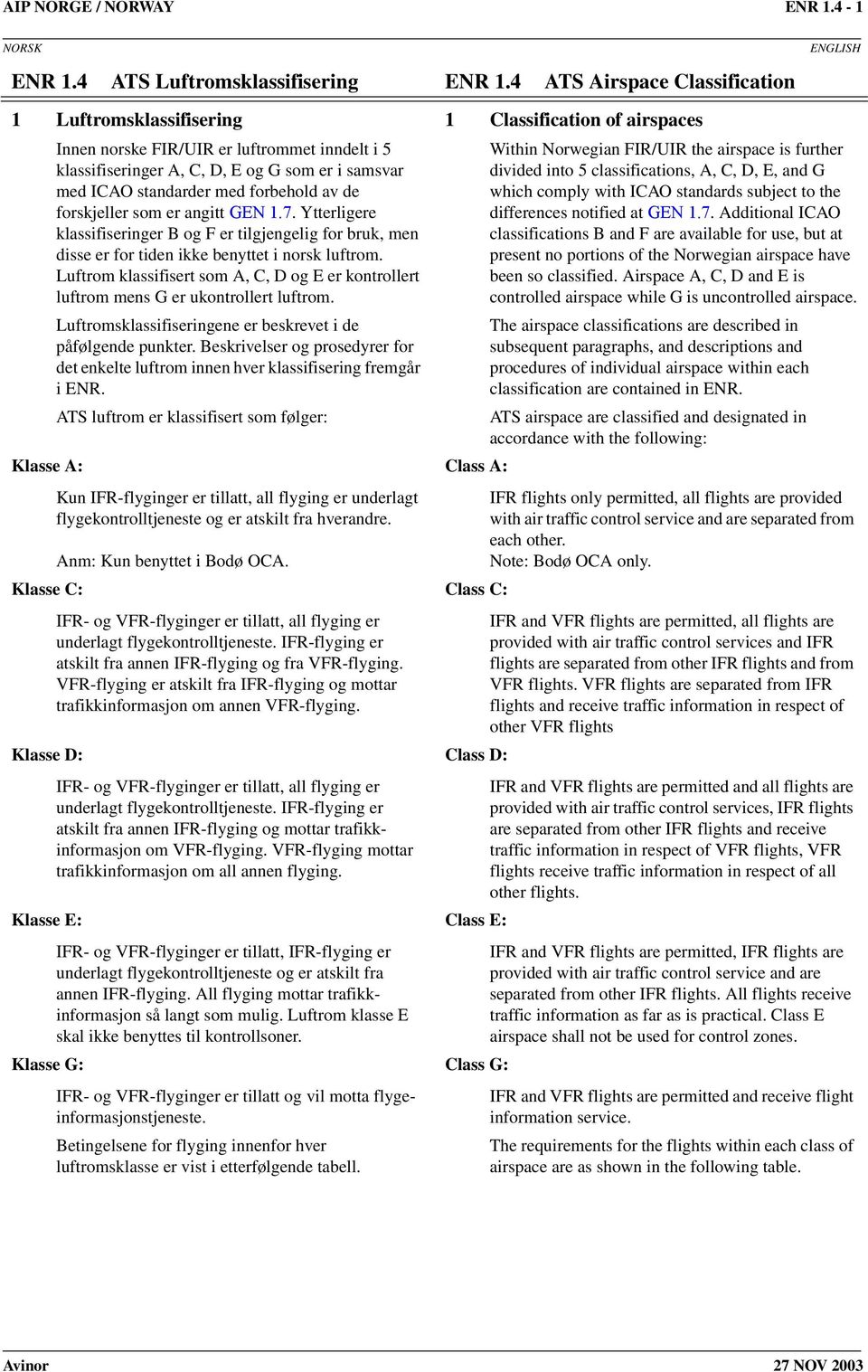 forbehold av de forskjeller som er angitt GEN 1.7. Ytterligere klassifiseringer B og F er tilgjengelig for bruk, men disse er for tiden ikke benyttet i norsk luftrom.
