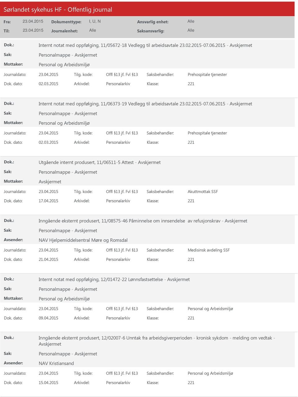 2015 Arkivdel: Personalarkiv tgående internt produsert, 11/06511-5 Attest - Personalmappe - Akuttmottak SSF Dok. dato: 17.04.