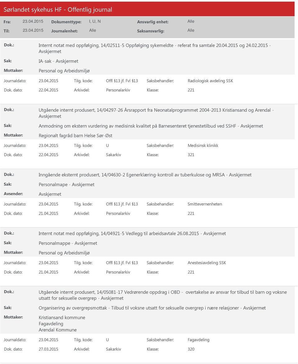 2015 Arkivdel: Personalarkiv tgående internt produsert, 14/04297-26 Årsrapport fra Neonatalprogrammet 2004-2013 Kristiansand og Arendal - Anmodning om ekstern vurdering av medisinsk kvalitet på