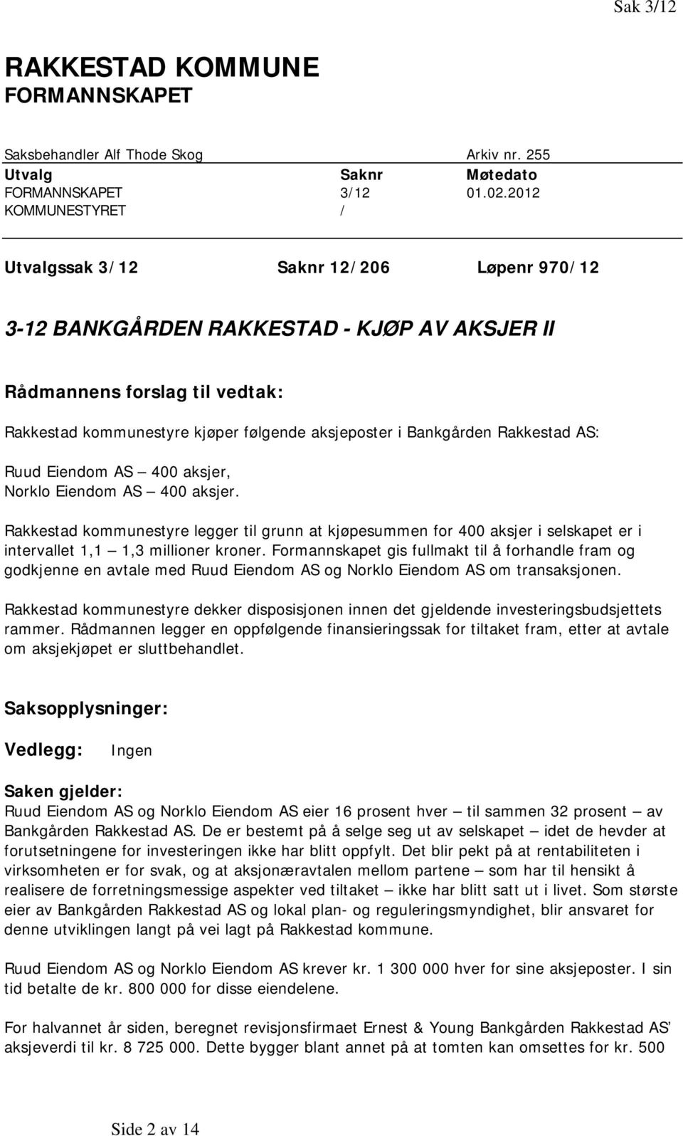 Bankgården Rakkestad AS: Ruud Eiendom AS 400 aksjer, Norklo Eiendom AS 400 aksjer.