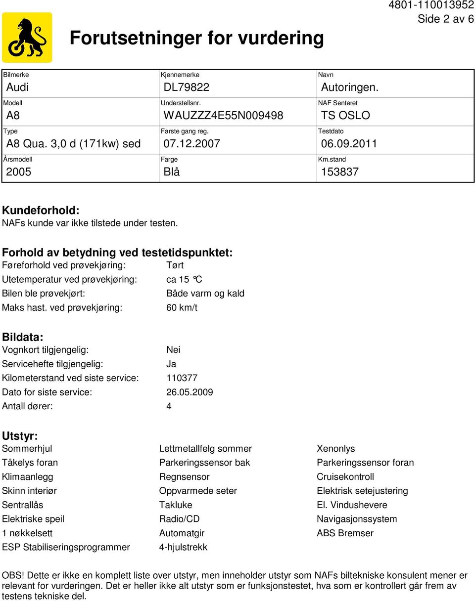 Forhold av betydning ved testetidspunktet: Føreforhold ved prøvekjøring: Tørt Utetemperatur ved prøvekjøring: ca 15 C Bilen ble prøvekjørt: Maks hast.