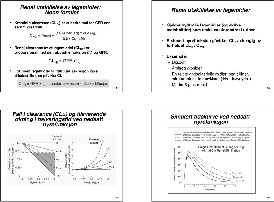 tilbakediffusjon påvirke CL: 17 Gjelder hydrofile legemidler (og aktive metabolitter) som utskilles uforandret i urinen Redusert nyrefunksjon påvirker CL T avhengig av forholdet CL R : CL H