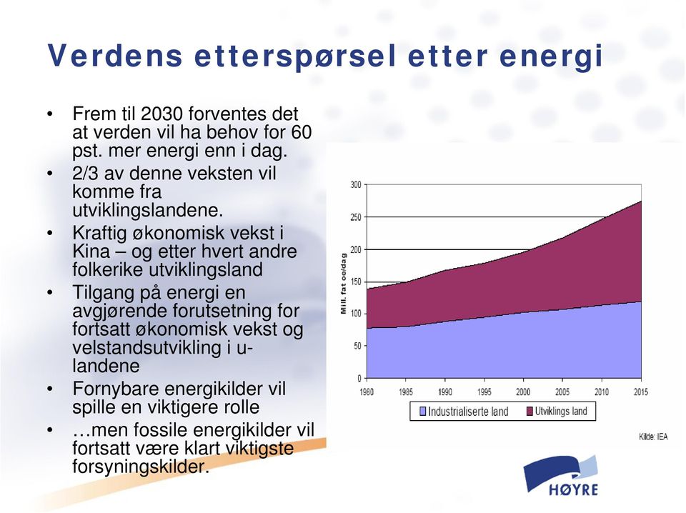 Kraftig økonomisk vekst i Kina og etter hvert andre folkerike utviklingsland Tilgang på energi en avgjørende forutsetning