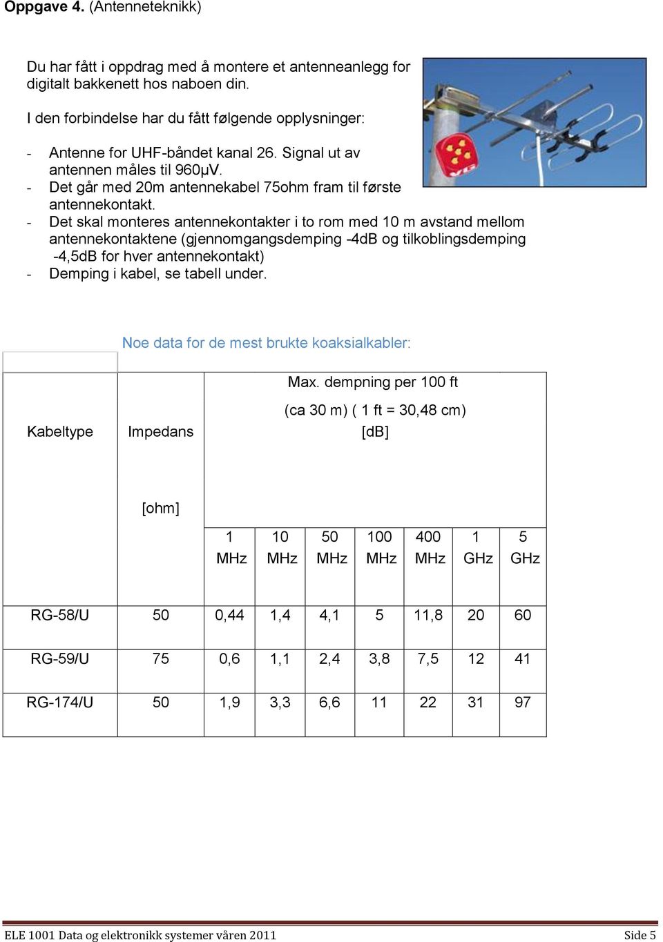 - Det skal monteres antennekontakter i to rom med 10 m avstand mellom antennekontaktene (gjennomgangsdemping -4dB og tilkoblingsdemping -4,5dB for hver antennekontakt) - Demping i kabel, se tabell