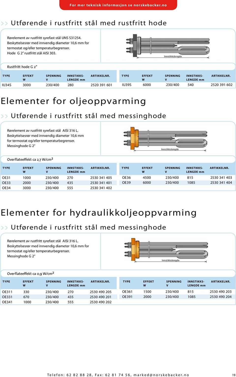 W V Lengde mm IU34S 3000 230/400 280 2520 391 601 IU39S 6000 230/400 540 2520 391 602 Elementer for oljeoppvarming >> Utførende i rustfritt stål med messinghode Rørelement av rustfritt syrefast stål