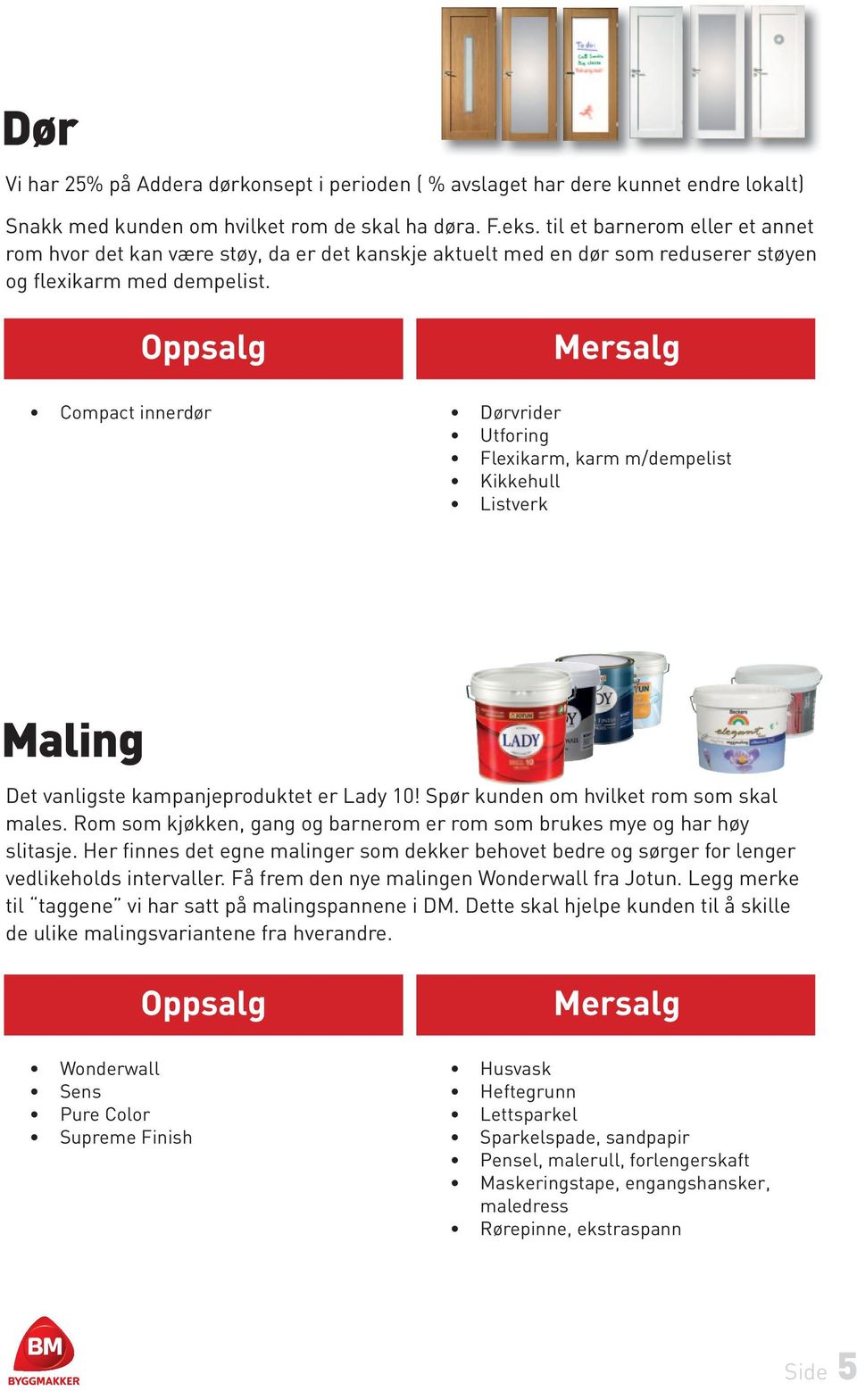 Oppsalg Mersalg Compact innerdør Dørvrider Utforing Flexikarm, karm m/dempelist Kikkehull Listverk Maling Det vanligste kampanjeproduktet er Lady 10! Spør kunden om hvilket rom som skal males.