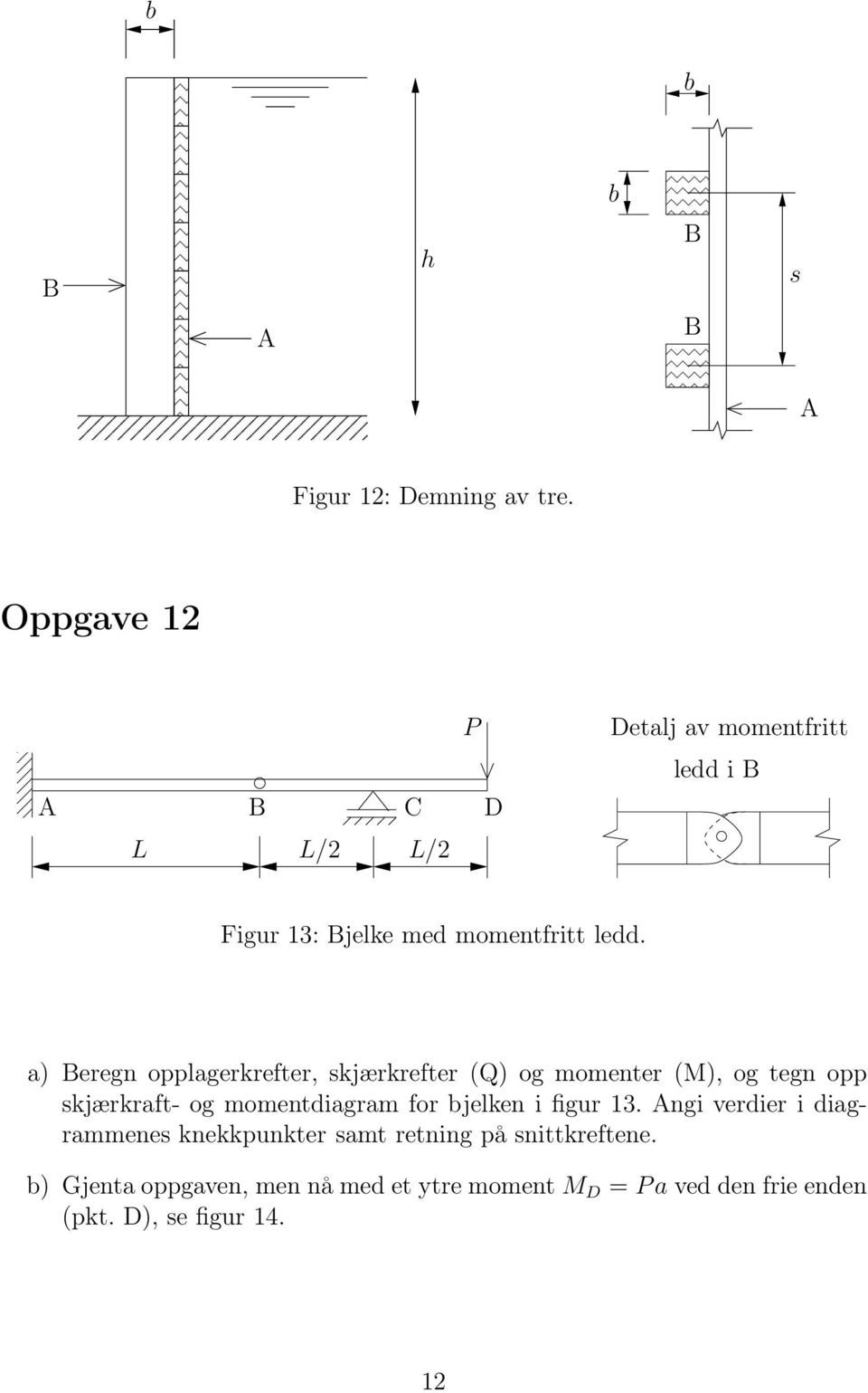 a) eregn opplagerkrefter, skjærkrefter (Q) og momenter (M), og tegn opp skjærkraft- og momentdiagram for bjelken i