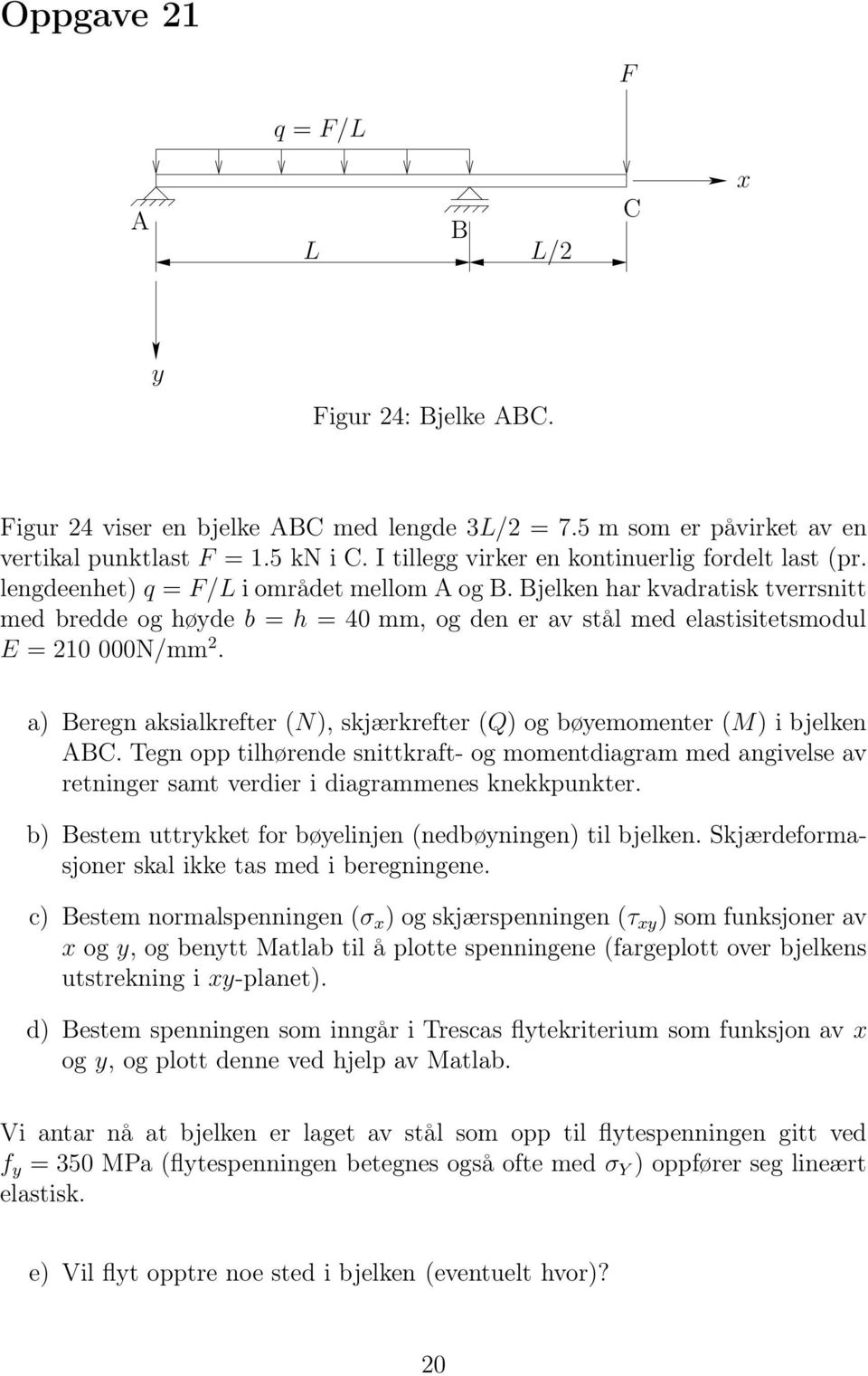 jelken har kvadratisk tverrsnitt med bredde og høyde b = h = 40 mm, og den er av stål med elastisitetsmodul E = 210 000N/mm 2.