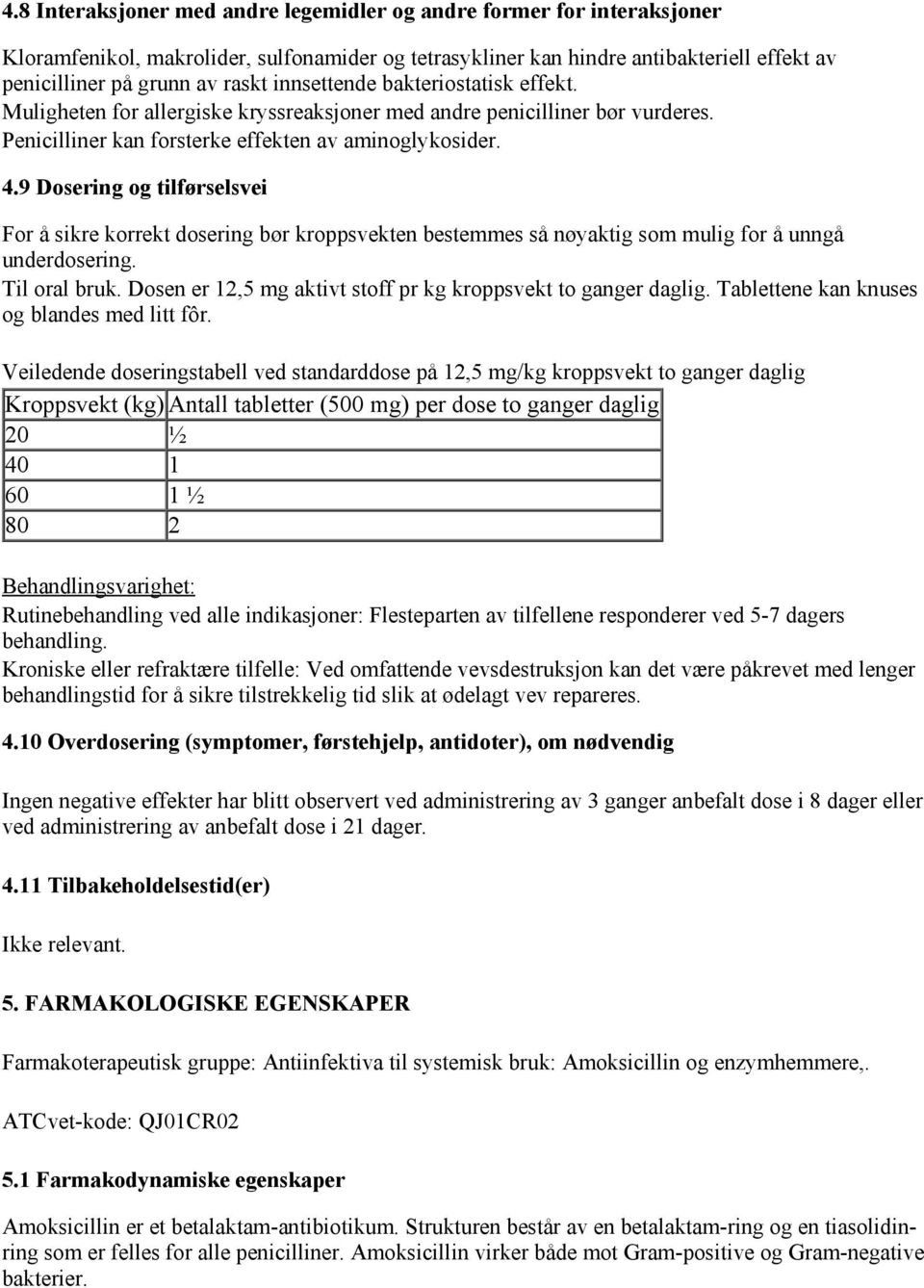 9 Dosering og tilførselsvei For å sikre korrekt dosering bør kroppsvekten bestemmes så nøyaktig som mulig for å unngå underdosering. Til oral bruk.