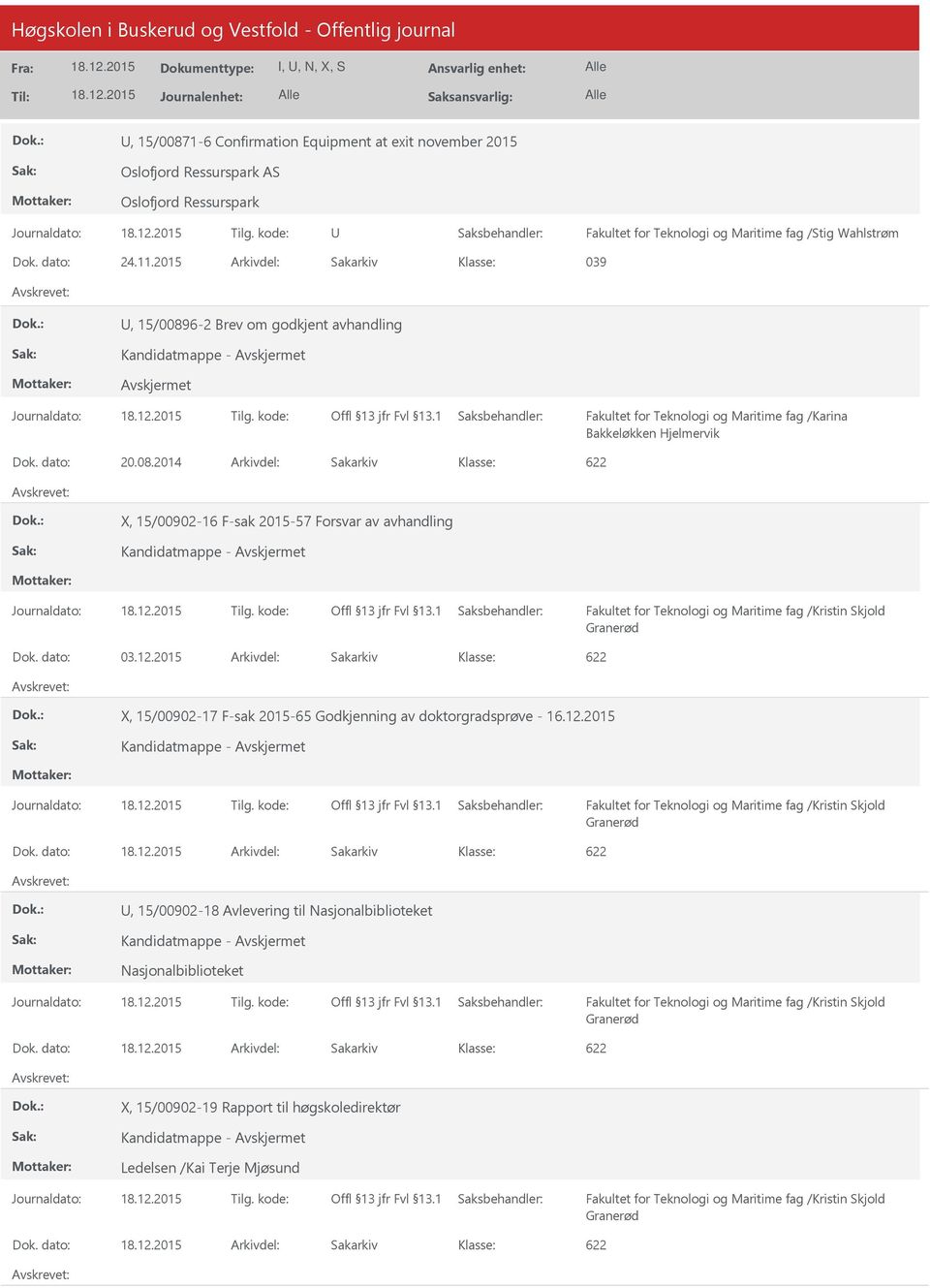 dato: 03.12.2015 Arkivdel: Sakarkiv 622 X, 15/00902-17 F-sak 2015-65 Godkjenning av doktorgradsprøve - 16.12.2015 Kandidatmappe - Dok.