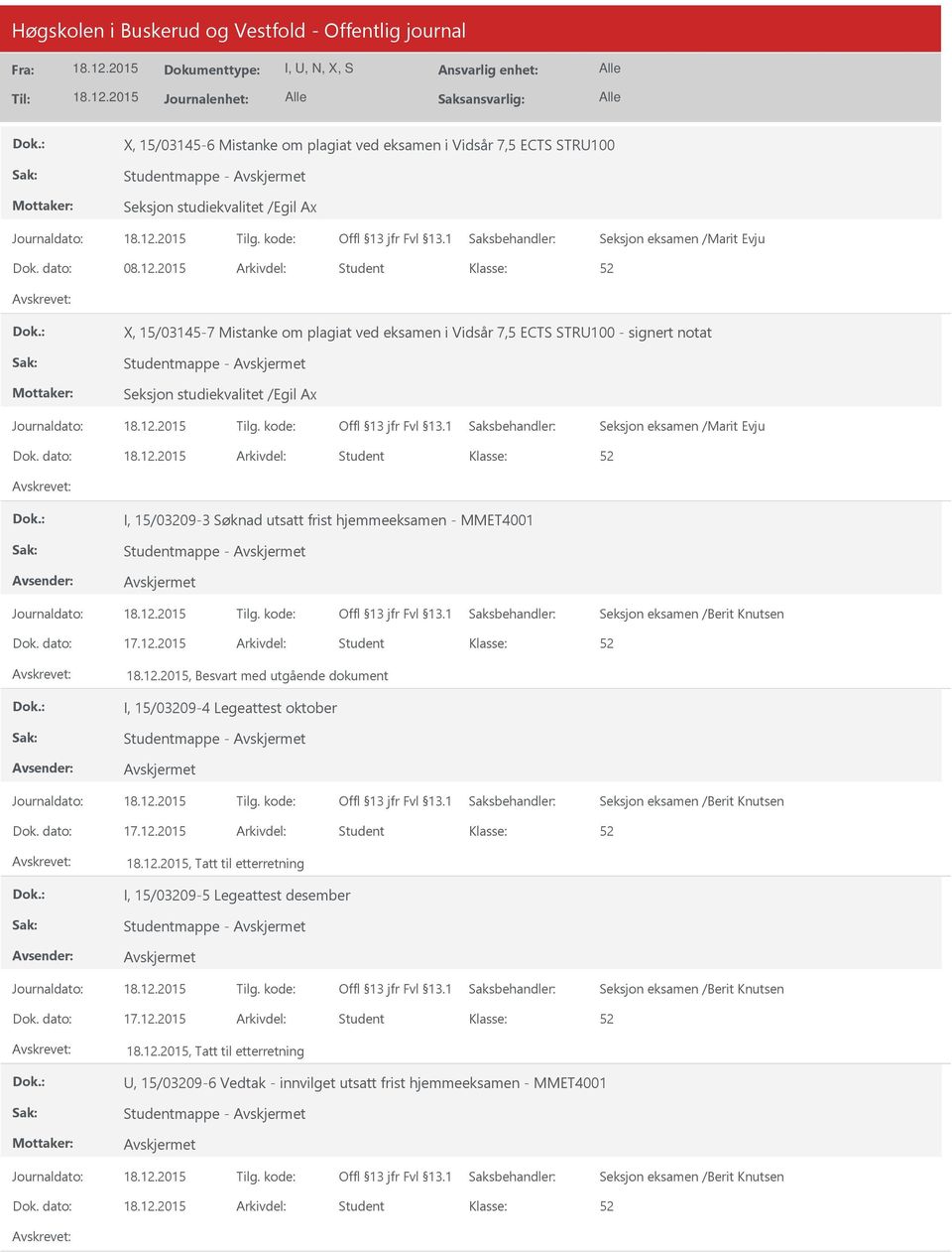 dato: Arkivdel: Student I, 15/03209-3 Søknad utsatt frist hjemmeeksamen - MMET4001 Studentmappe - Seksjon eksamen /Berit Knutsen Dok. dato: 17.12.