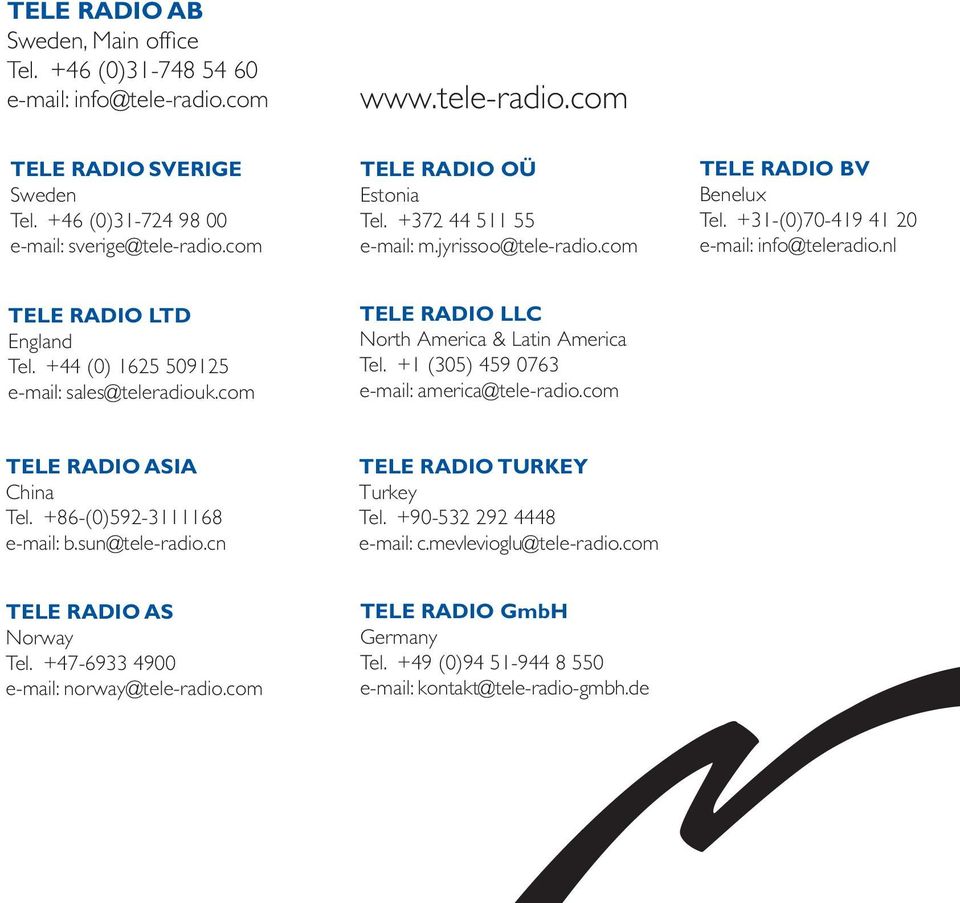 +49 (0)94 51-944 8 550 e-mail: kontakt@tele-radio-gmbh TELE RADIO LTD SVERIGE England Sweden Tel. Tel. +44 +46 (0) (0)31-724 1625 509125 98 00 e-mail: sales@teleradiouk.com sverige@tele-radio.