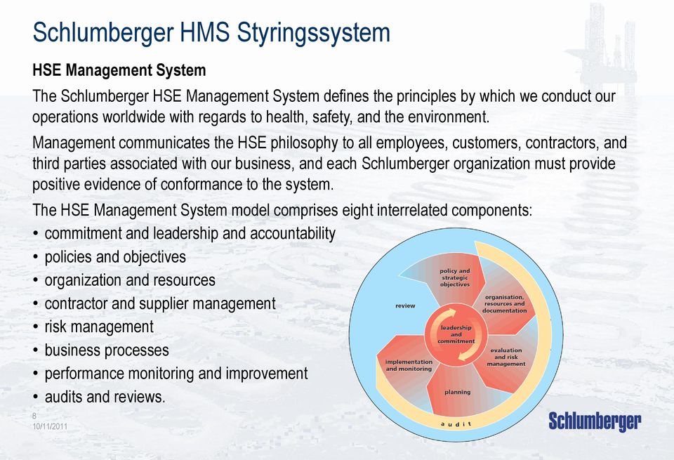 Management communicates the HSE philosophy to all employees, customers, contractors, and third parties associated with our business, and each Schlumberger organization must provide