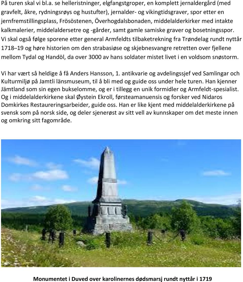 se helleristninger, elgfangstgroper, en komplett jernaldergård (med gravfelt, åkre, rydningsrøys og hustufter), jernalder- og vikingtidsgraver, spor etter en jernfremstillingsplass, Frösöstenen,