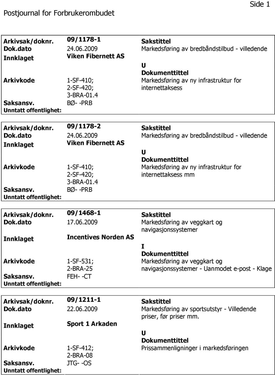 2009 Markedsføring av bredbåndstilbud - villedende nnklaget Viken Fibernett AS 1-SF-410; 2-SF-420; 3-BRA-01.4 Markedsføring av ny infrastruktur for internettaksess mm BØ- -PRB Arkivsak/doknr.